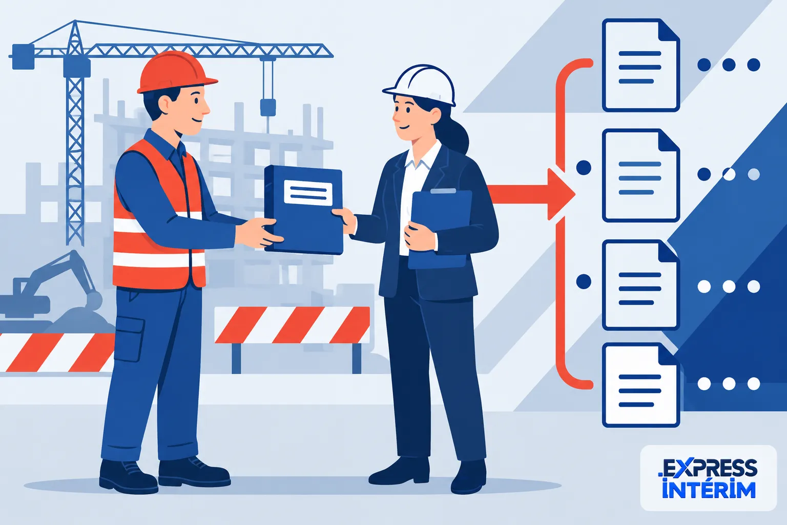 Deux professionnels, un homme en veste orange et casque rouge et une femme en costume avec casque blanc, se serrant la main