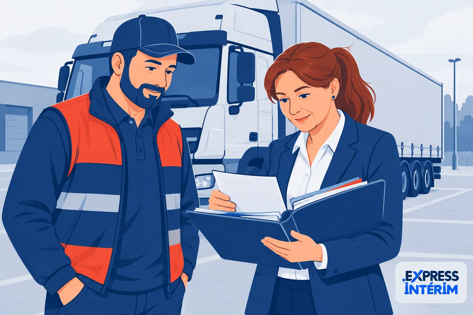 Deux professionnels près d’un camion discutant autour de documents administratifs.