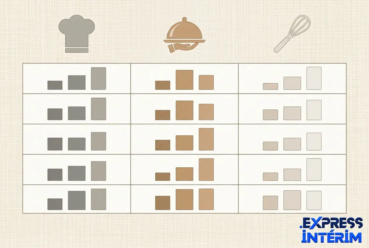 Diagramme illustrant des postes en intérim restauration parisienne avec colonnes et pictos de chef, plats et ustensiles, logo EXPRESS INTÉRIM en bas à droite.