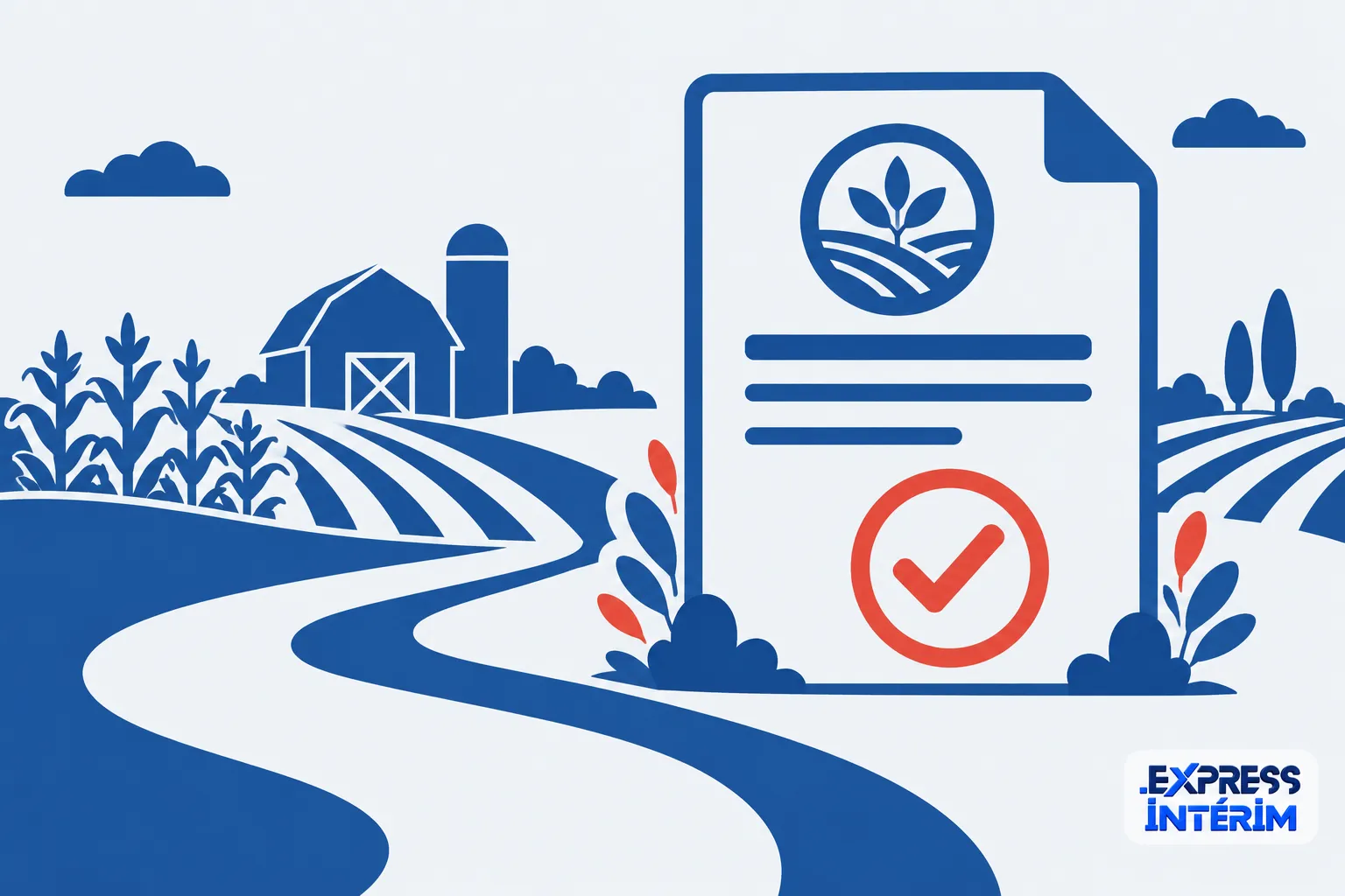 Un document posé sur un champ avec un symbole de validation circulaire rouge placé dessus, bordé par un paysage agricole