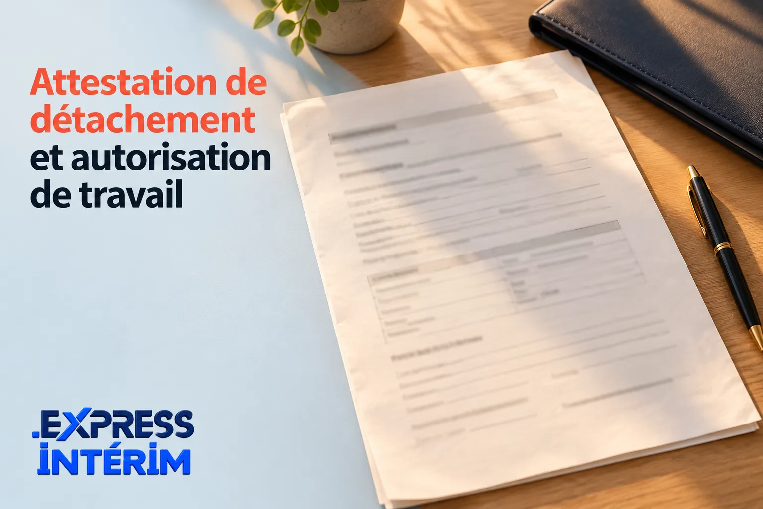 Document posé sur une table avec texte rouge et noir indiquant attestation de détachement et autorisation de travail, et