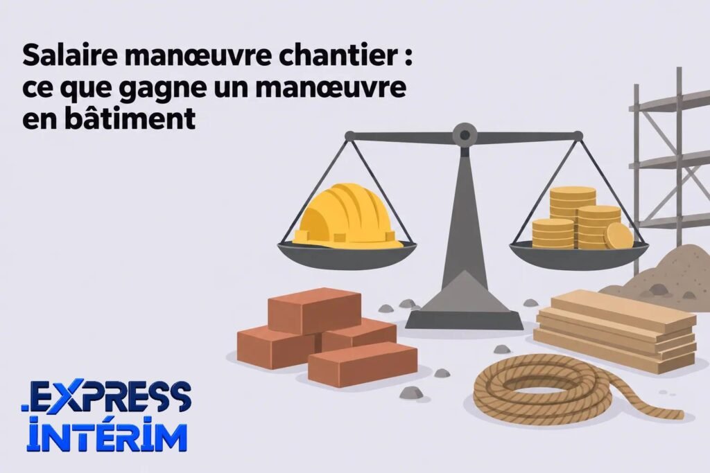 Éléments visuels montrant une balance avec un casque et des pièces, outils et matériaux de chantier autour, illustration liée au salaire manœuvre chantier en bâtiment.
