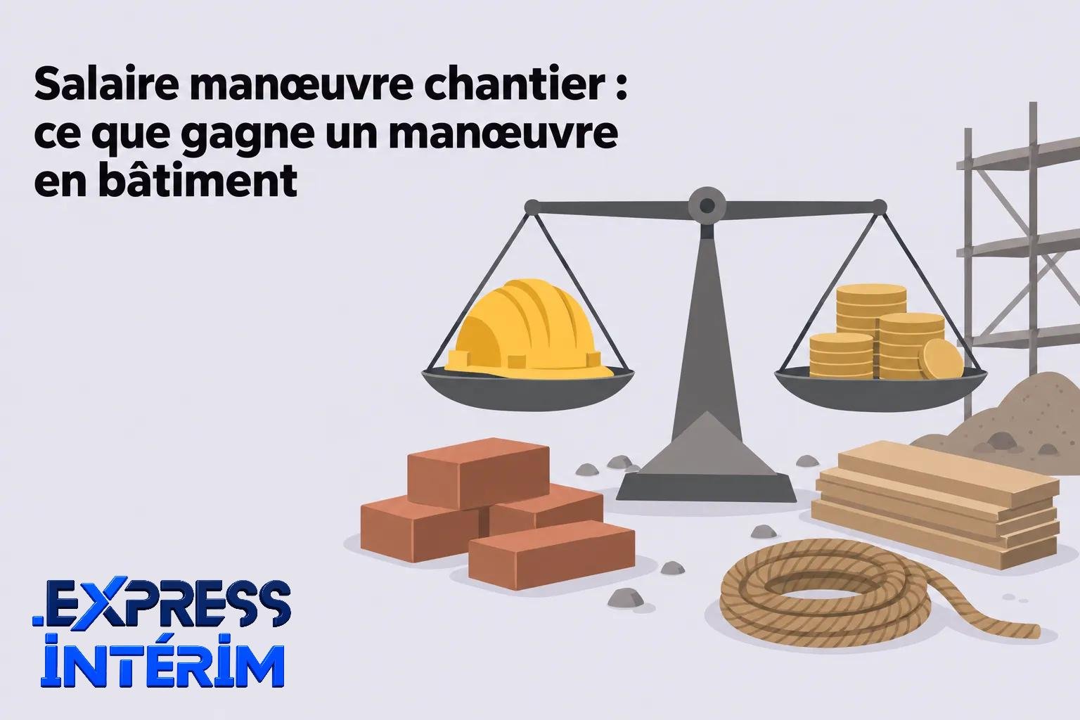 Éléments visuels montrant une balance avec un casque et des pièces, outils et matériaux de chantier autour, illustration liée au salaire manœuvre chantier en bâtiment.