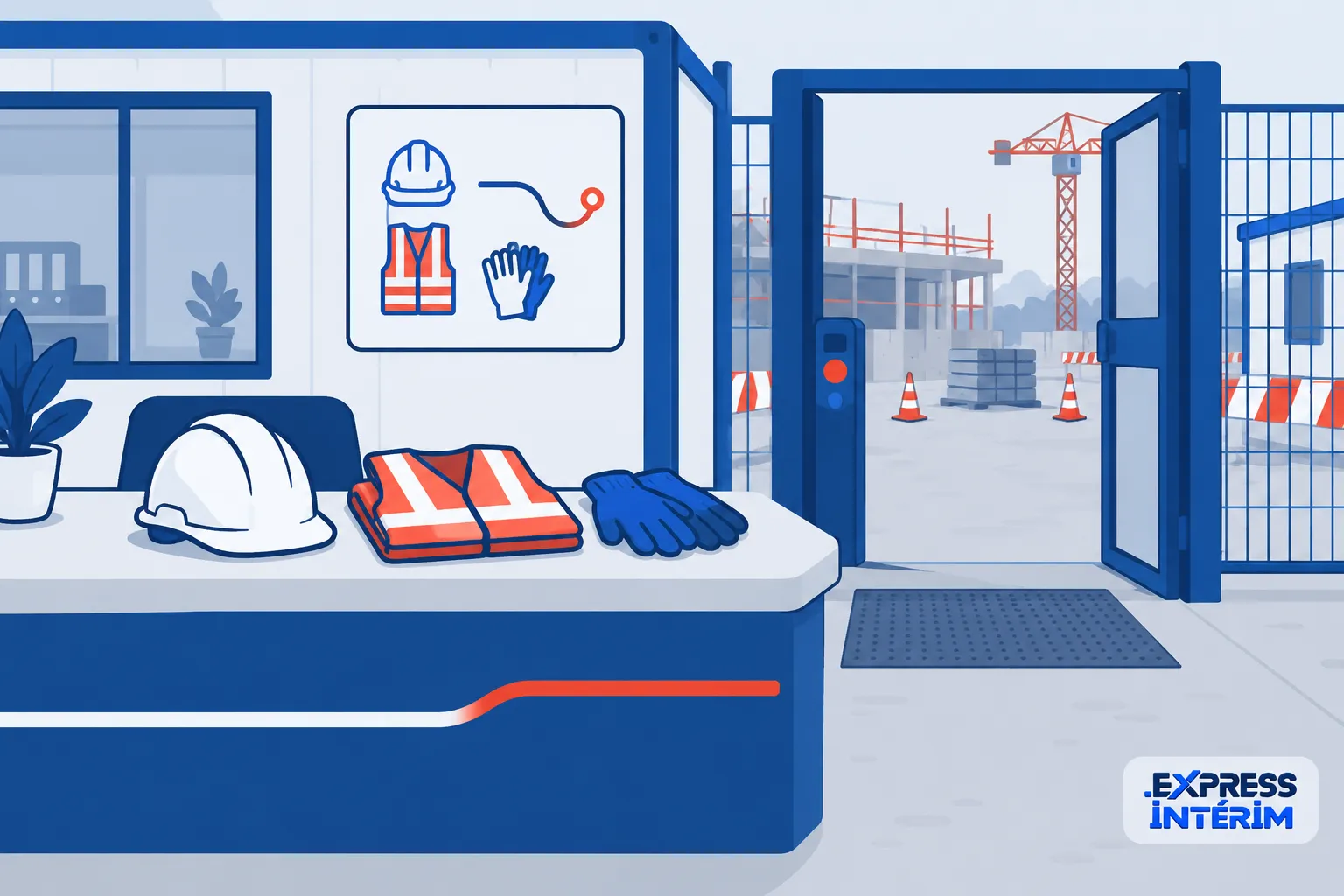 Un espace d’accueil sur un chantier avec une table de sécurité et des équipements de protection individuelle sur le plan de