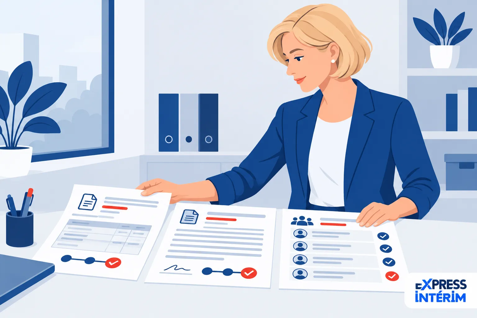 Une femme assise à son bureau examine des documents affichés devant elle.
