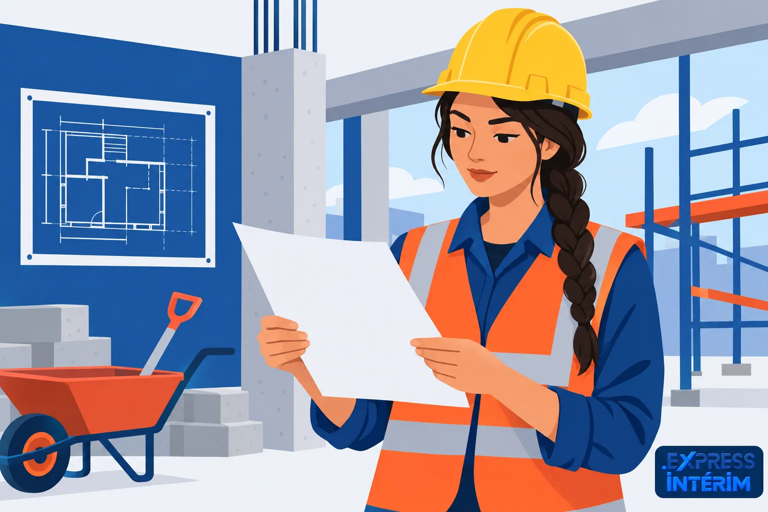 Une femme portant un casque jaune et un gilet orange réfléchissant lit un plan ou une fiche sur un chantier de construction.