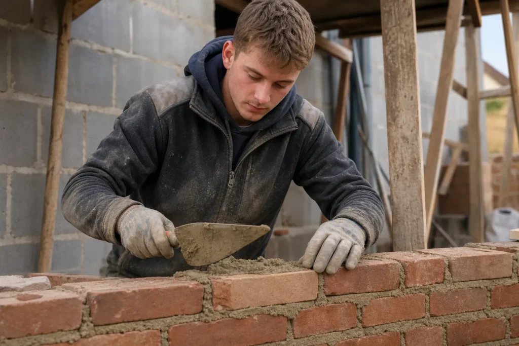 Formation maçon en action: un artisan pose des briques à la truelle sur un mur en construction.
