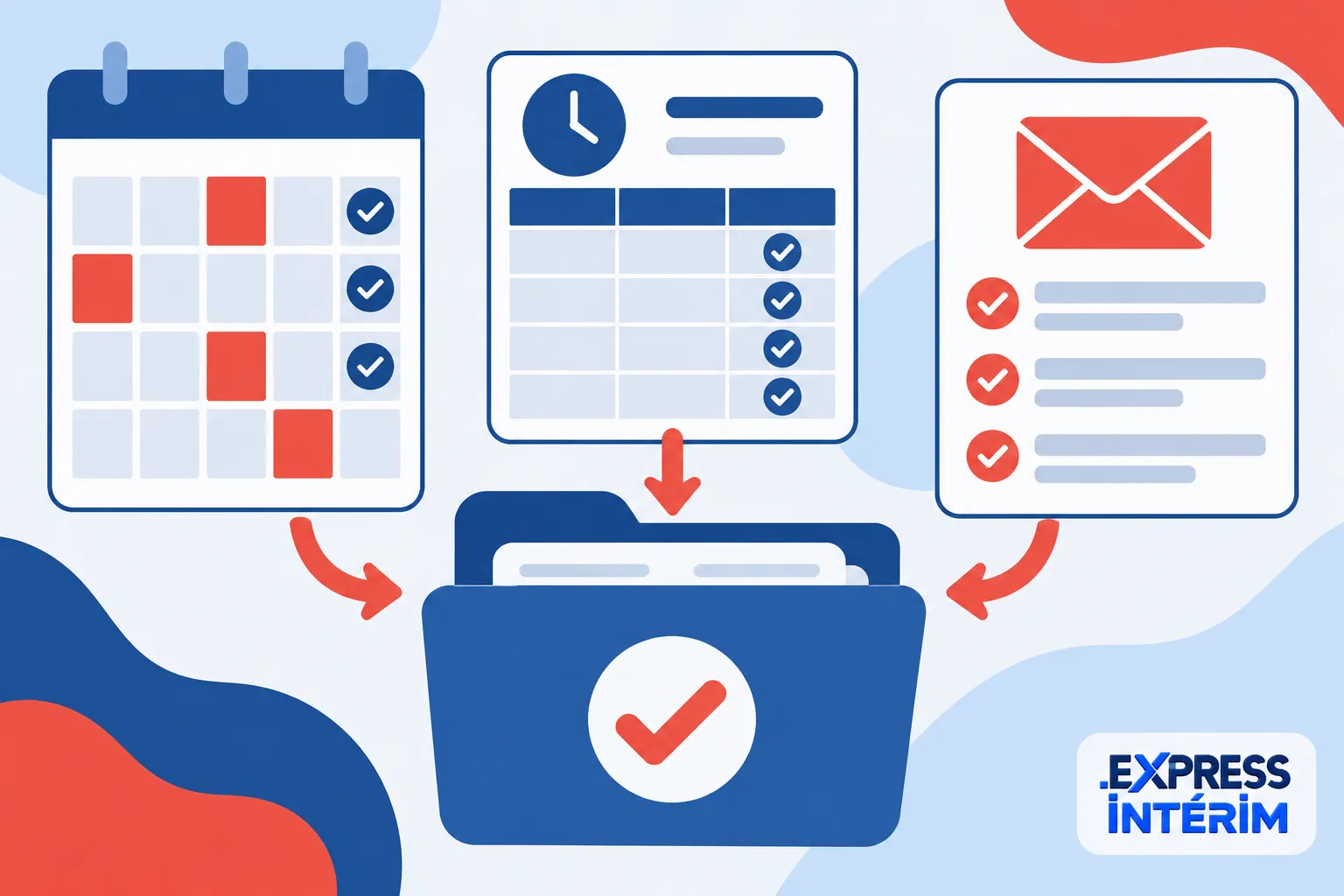 Une grande boîte bleue ouverte contient des piles de documents, encadrée par des illustrations de calendrier, agenda et