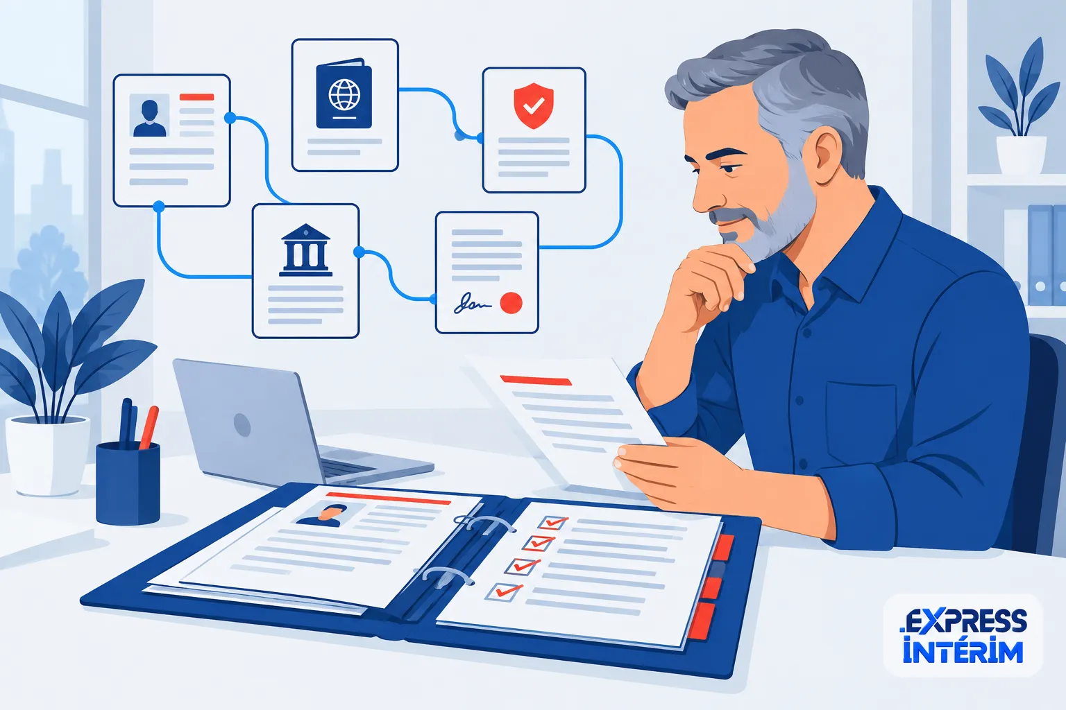 Un homme assis à un bureau examine des documents dans un classeur ouvert, entouré de dossiers et d’un ordinateur portable.