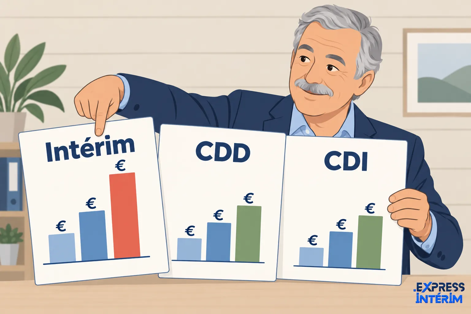 Un homme montre trois panneaux illustrant les coûts: intérim, CDD et CDI avec des barres de chiffres.