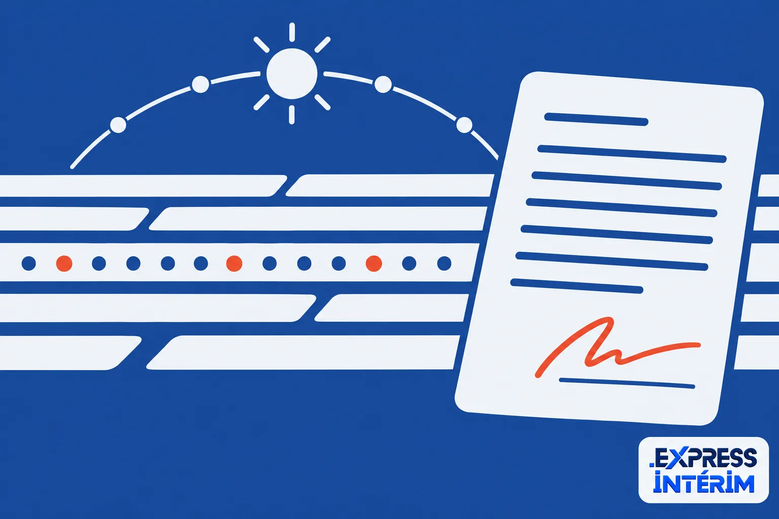 Une illustration bleue représentant des bandes horizontales et un document avec une signature, évoquant un contrat et une