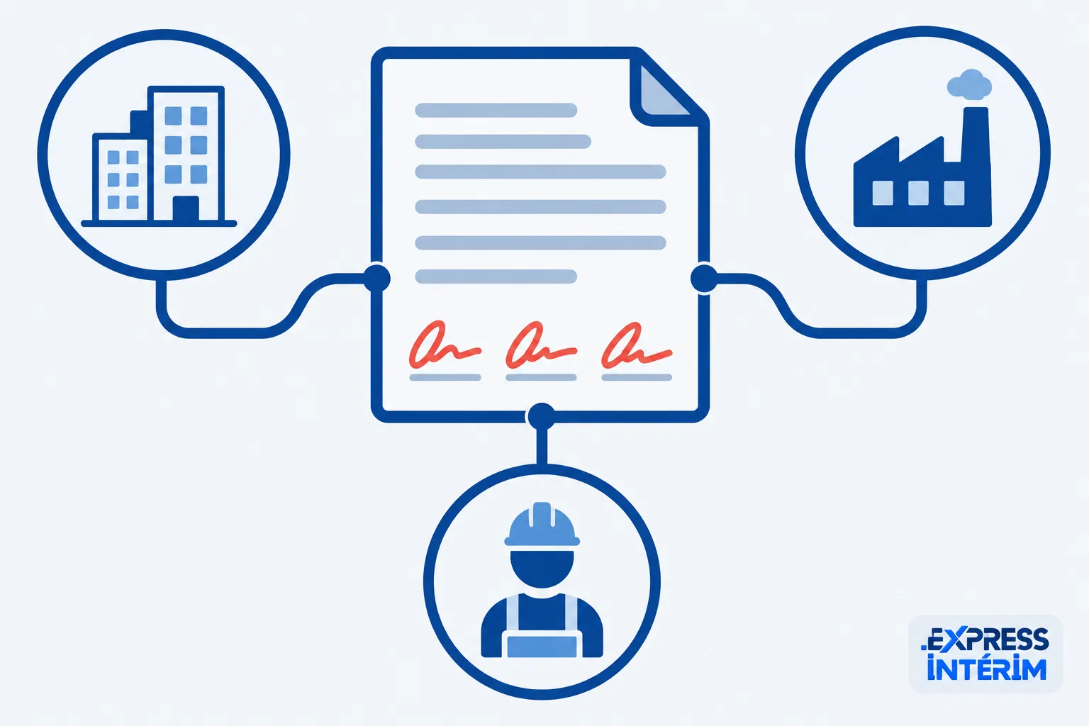 Une illustration montrant un document central relié à trois cercles : à gauche des bâtiments, à droite une usine, et en bas