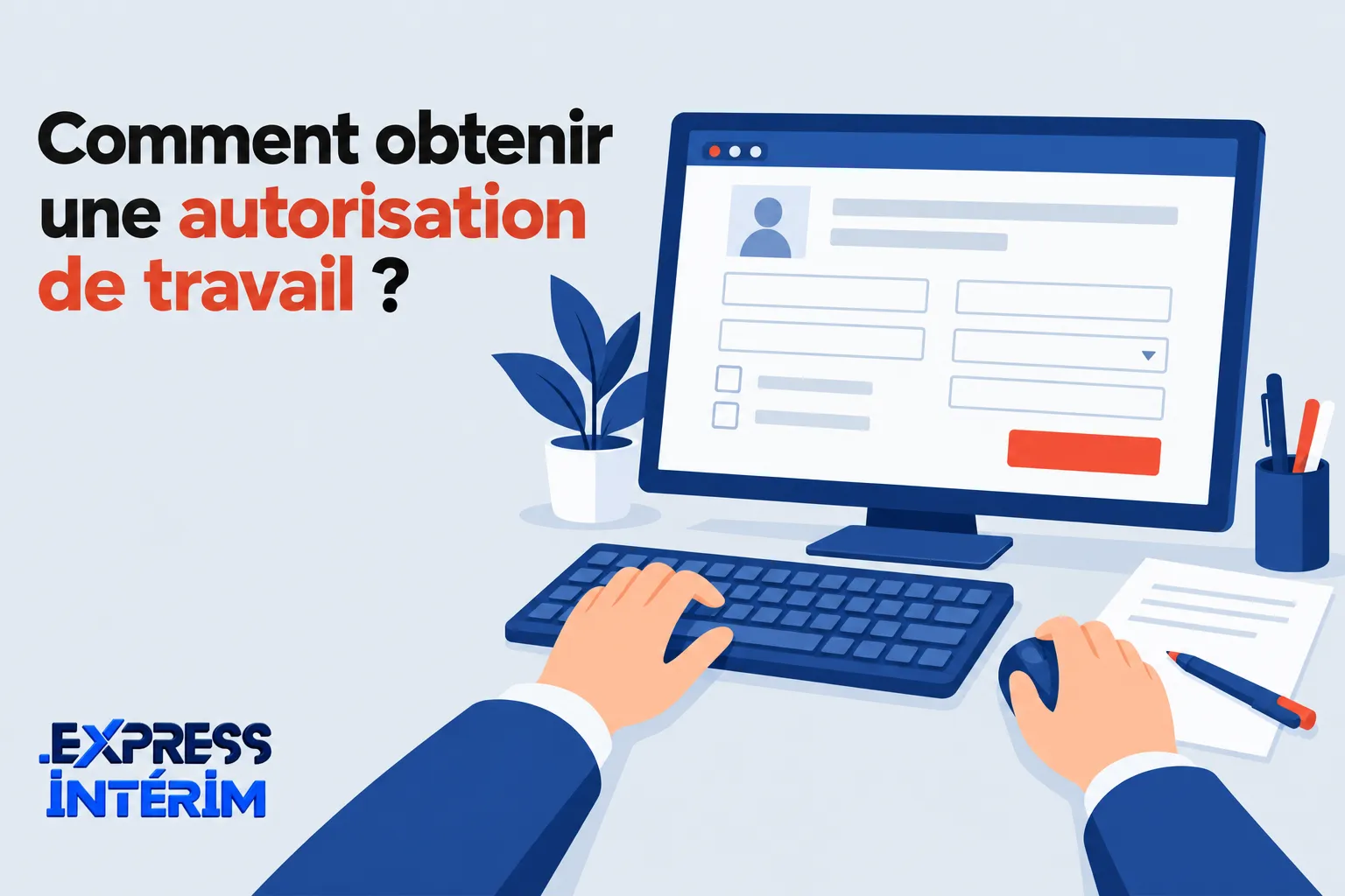 Une illustration montrant une personne utilisant un ordinateur pour remplir un formulaire en ligne sur l’écran.