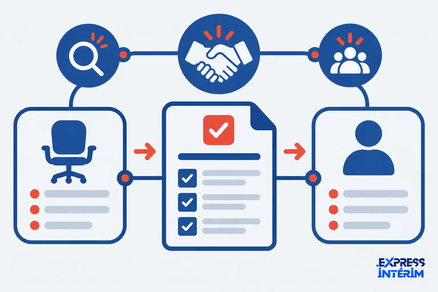 Une illustration montrant un processus de recrutement avec des icônes représentant une chaise de bureau, une liste de