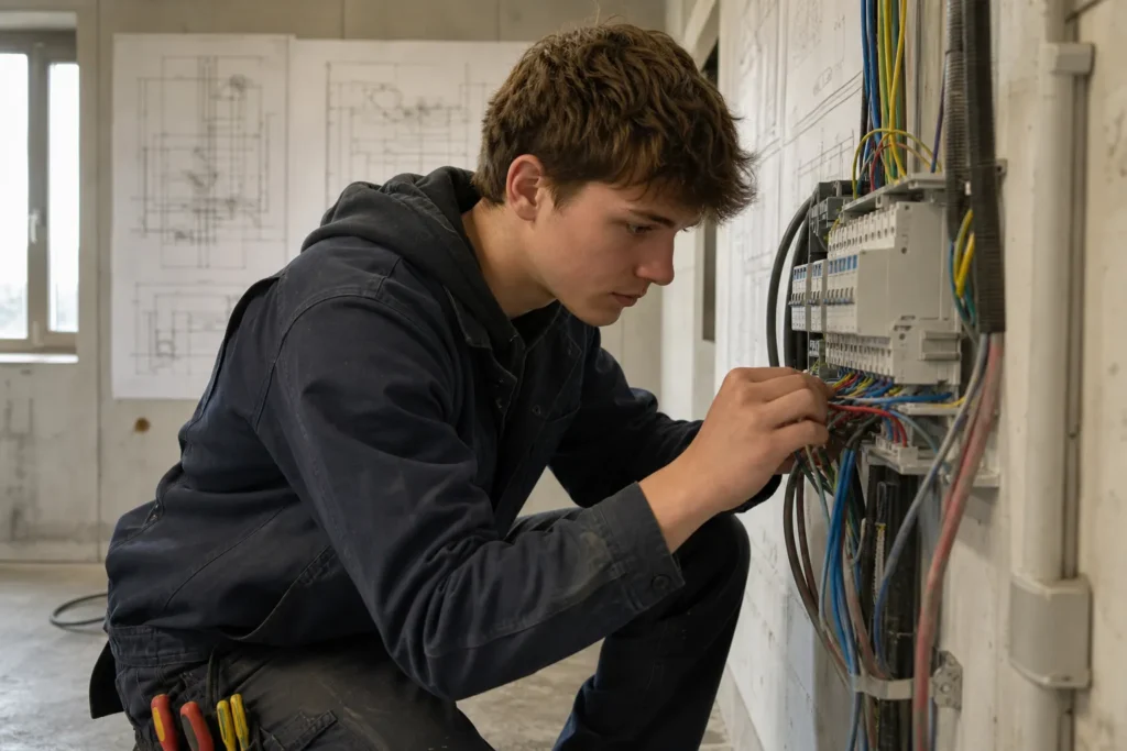 Jeune homme en formation électricien bâtiment, vérifiant des câbles et un tableau électrique dans un atelier.