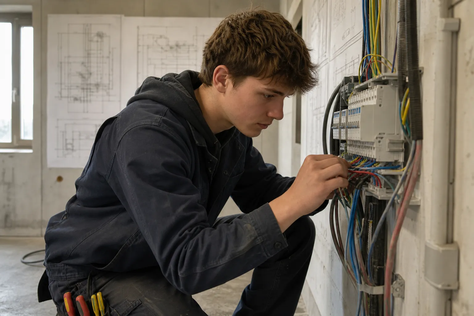 Jeune homme en formation électricien bâtiment, vérifiant des câbles et un tableau électrique dans un atelier.