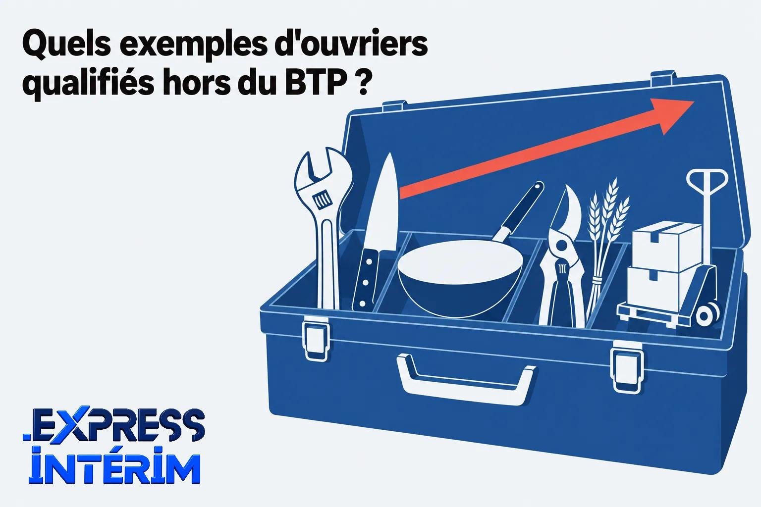 Une mallette bleue ouverte contenant des outils: tournevis, clé, couteau, pince, pelle, balai et boîtes, sur fond clair.