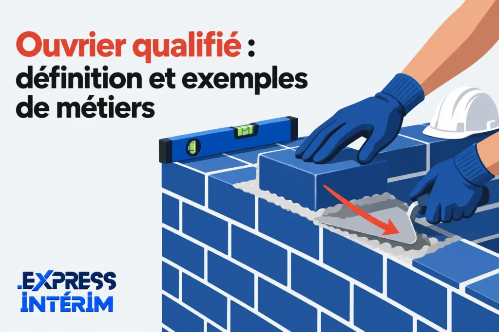 Ouvrier utilisant une truelle pour poser des briques bleues sur un mur en construction.