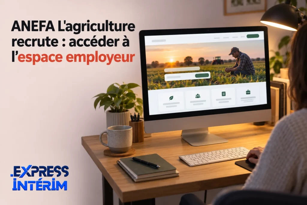 Une personne assise devant un ordinateur affichant une page web sur fond champ de blé au coucher du soleil.