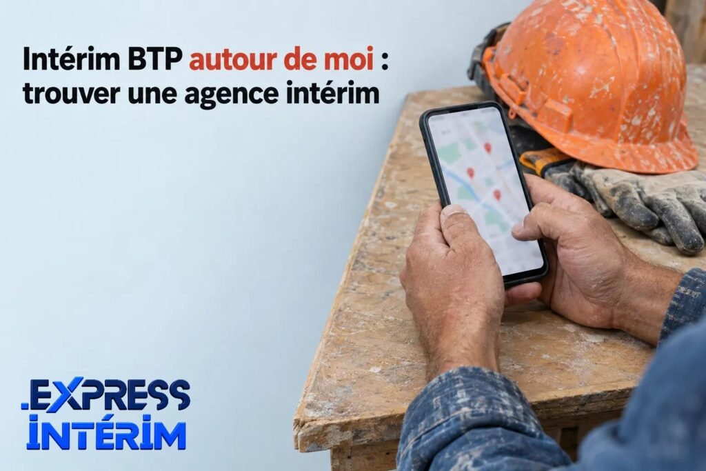 Une personne tient un smartphone devant un plan de travail; casque orange et outils de chantier en arrière-plan.