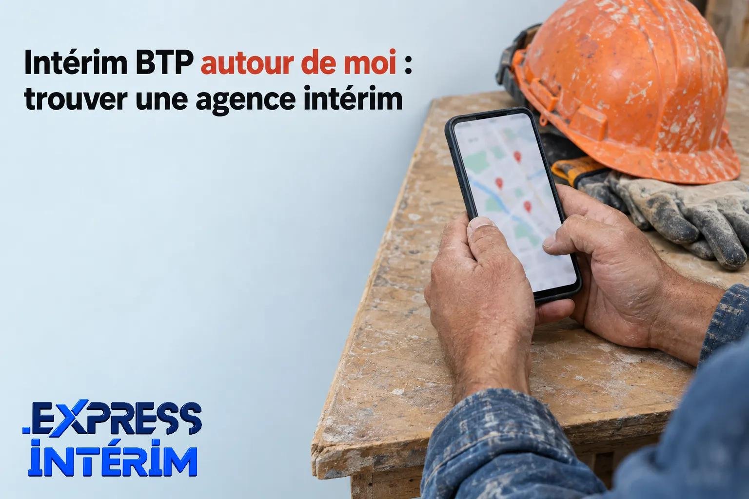 Une personne tient un smartphone devant un plan de travail; casque orange et outils de chantier en arrière-plan.