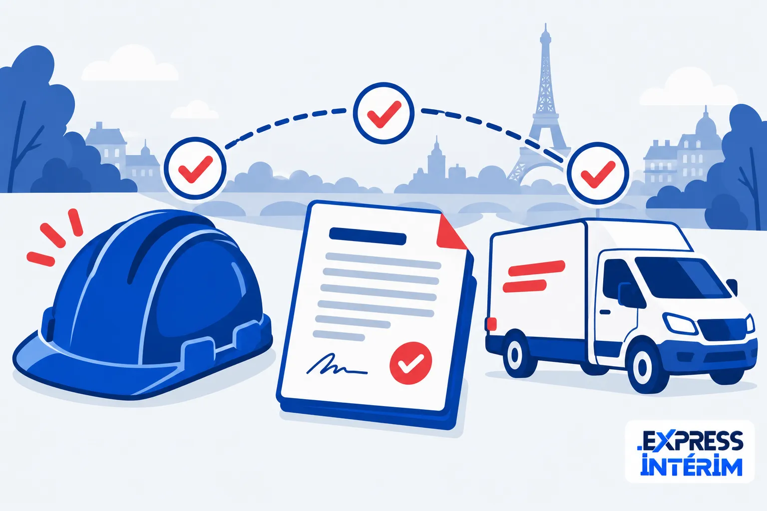 Une photo montrant un casque de sécurité bleu, un document signé posé sur le devant et un véhicule utilitaire blanc sur fond