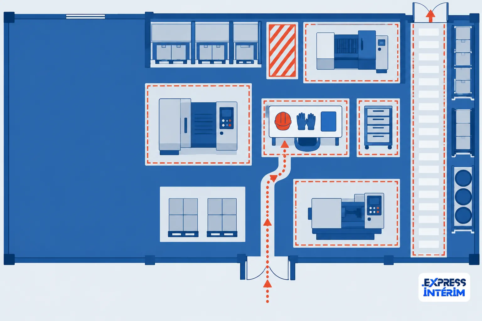 Plan illustrant les équipements et les zones de travail dans un entrepôt, avec un passage central et une porte d’accès.