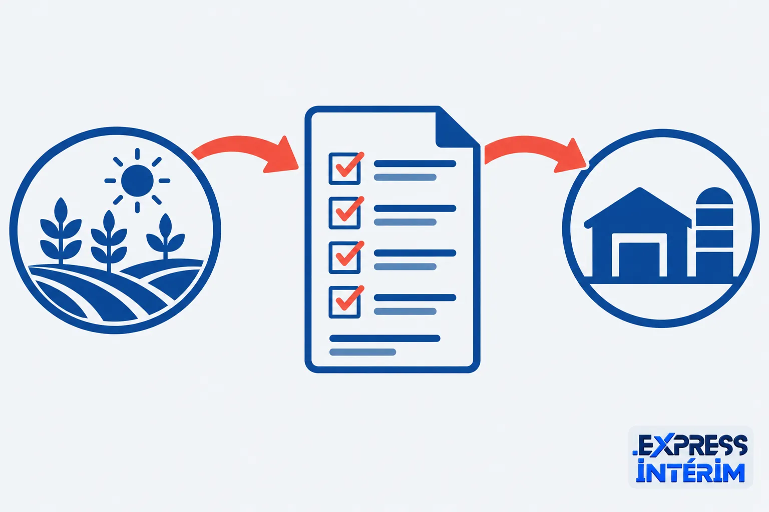 Processus de formalités liées à l’embauche avec une liste de tâches entourée d’icônes agricoles et d’un bâtiment.