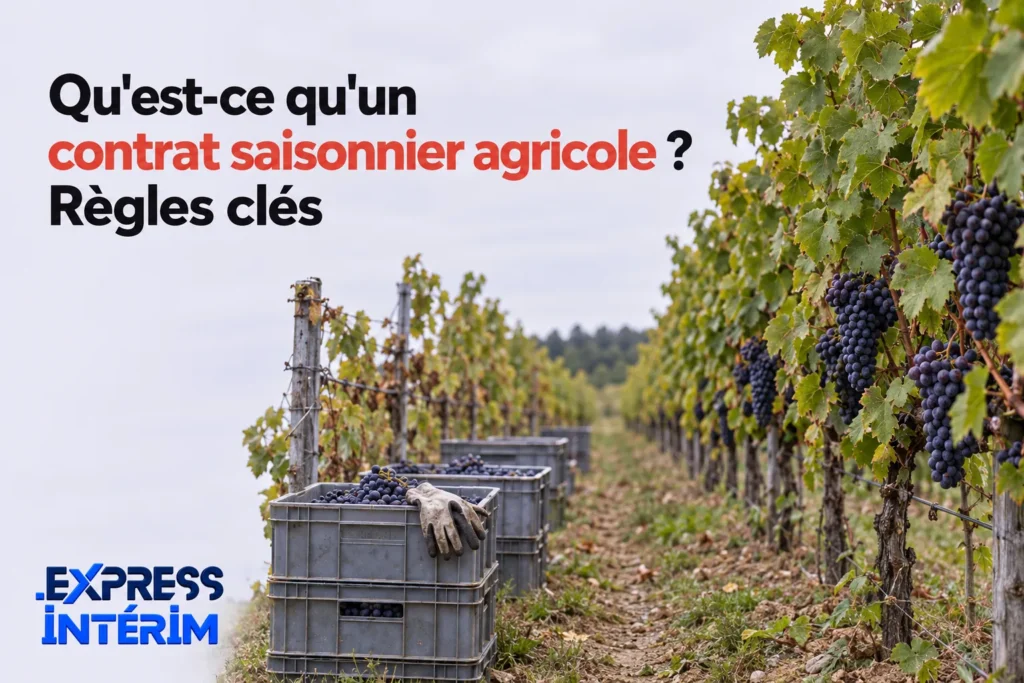 Raster image montrant des rangées de vignes avec des caisses pleines de raisins et une paire de gants posés sur une caisse.
