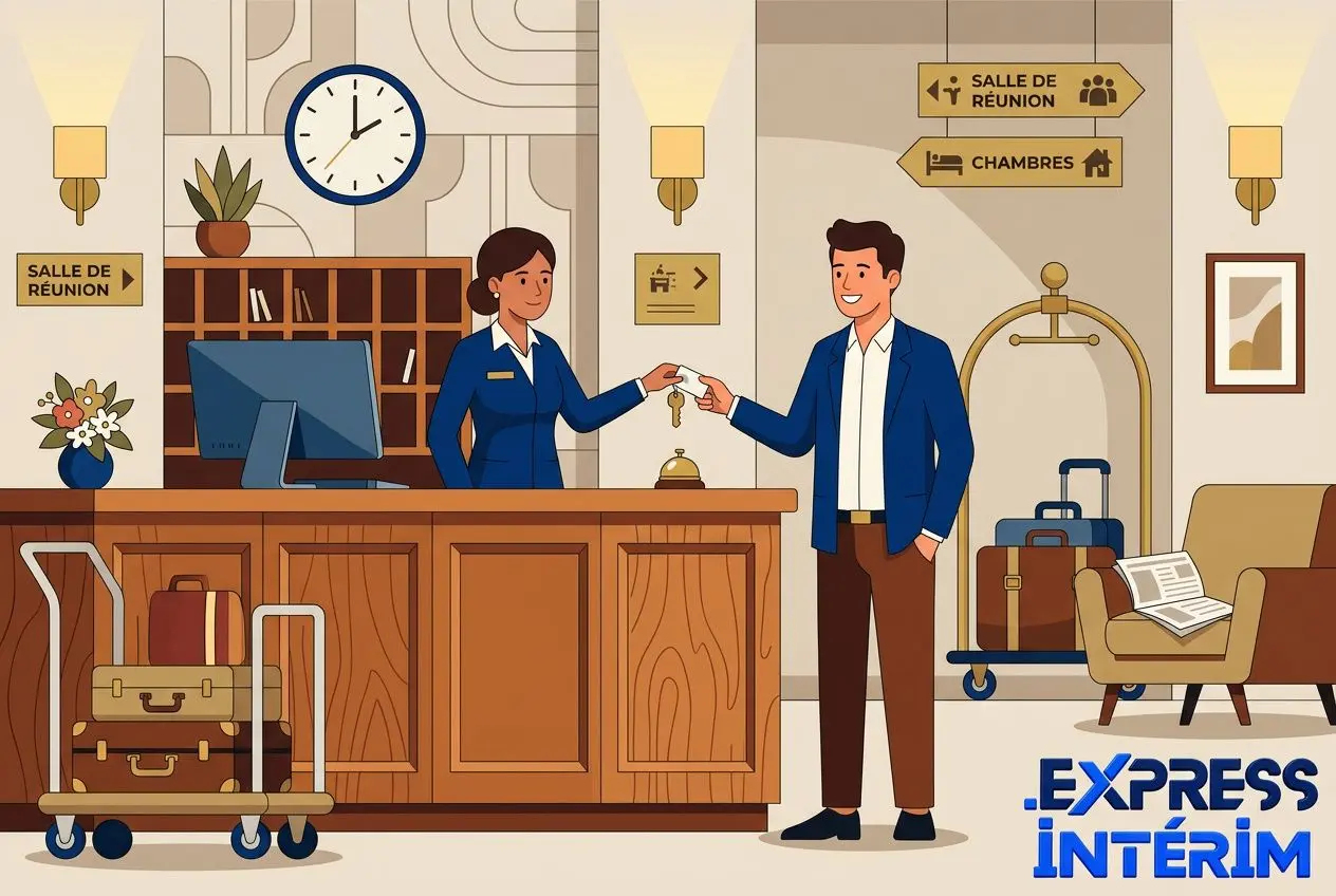 Réceptionniste d’hôtel effectuant l’accueil à la réception, échange de clés avec un client, bagages au chariot, atmosphere hôteleraire accueillante.