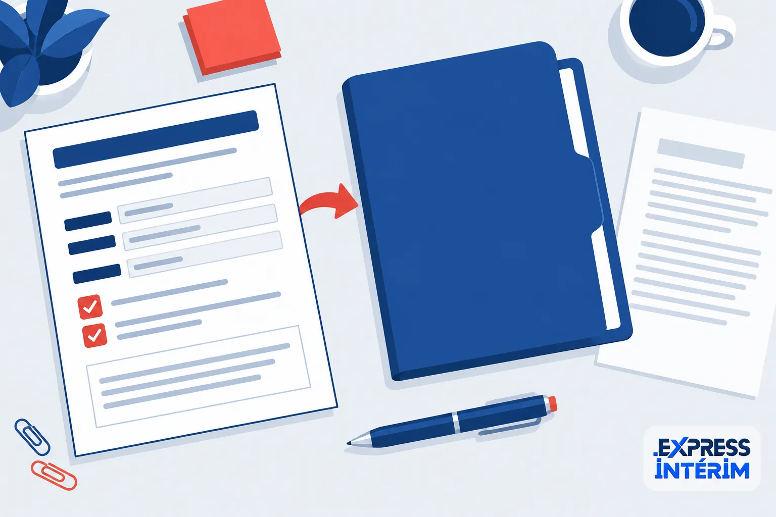 Une tablette ou un document avec des cases à cocher et un stylo posé à côté, sur fond clair avec des éléments de bureau.