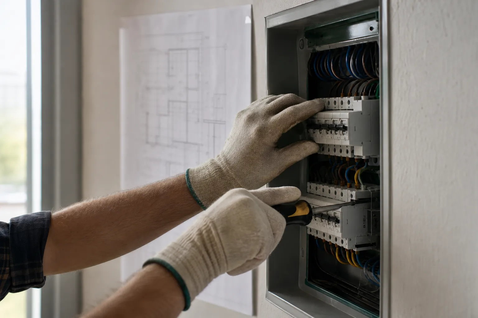 Technicien effectuant l’installation électrique dans un tableau de distribution, avec plan sur le mur à côté. Formation électricien bâtiment.