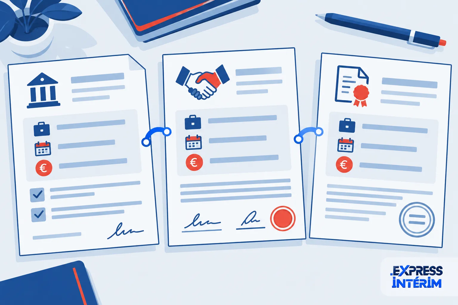 Trois documents affichés sur une table montrent des icônes et signatures, évoquant des pages de dossier et des accords.
