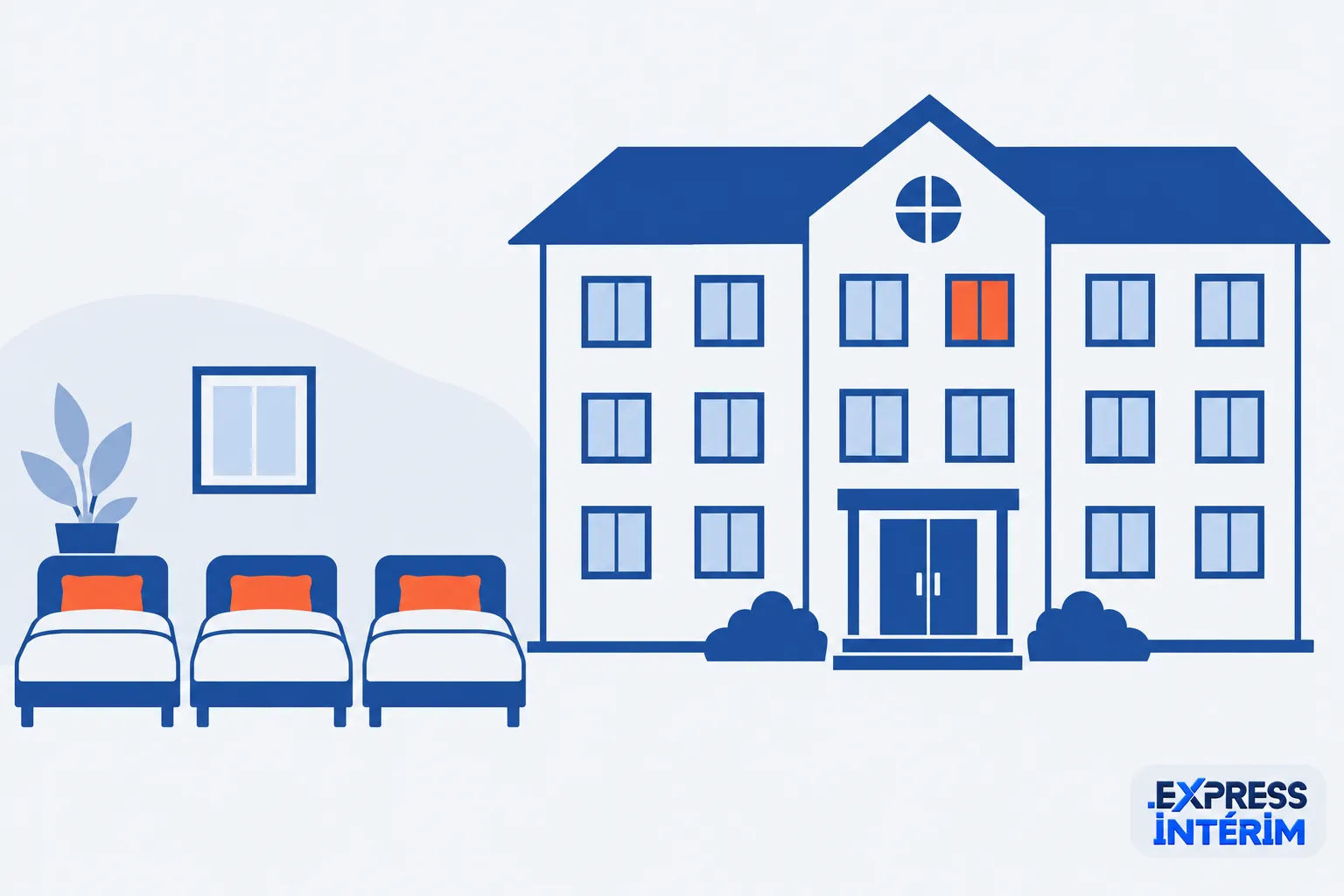 Vue d’un bâtiment d’employeur avec dortoirs et lits alignés à gauche, illustration simplifiée en bleu et blanc.